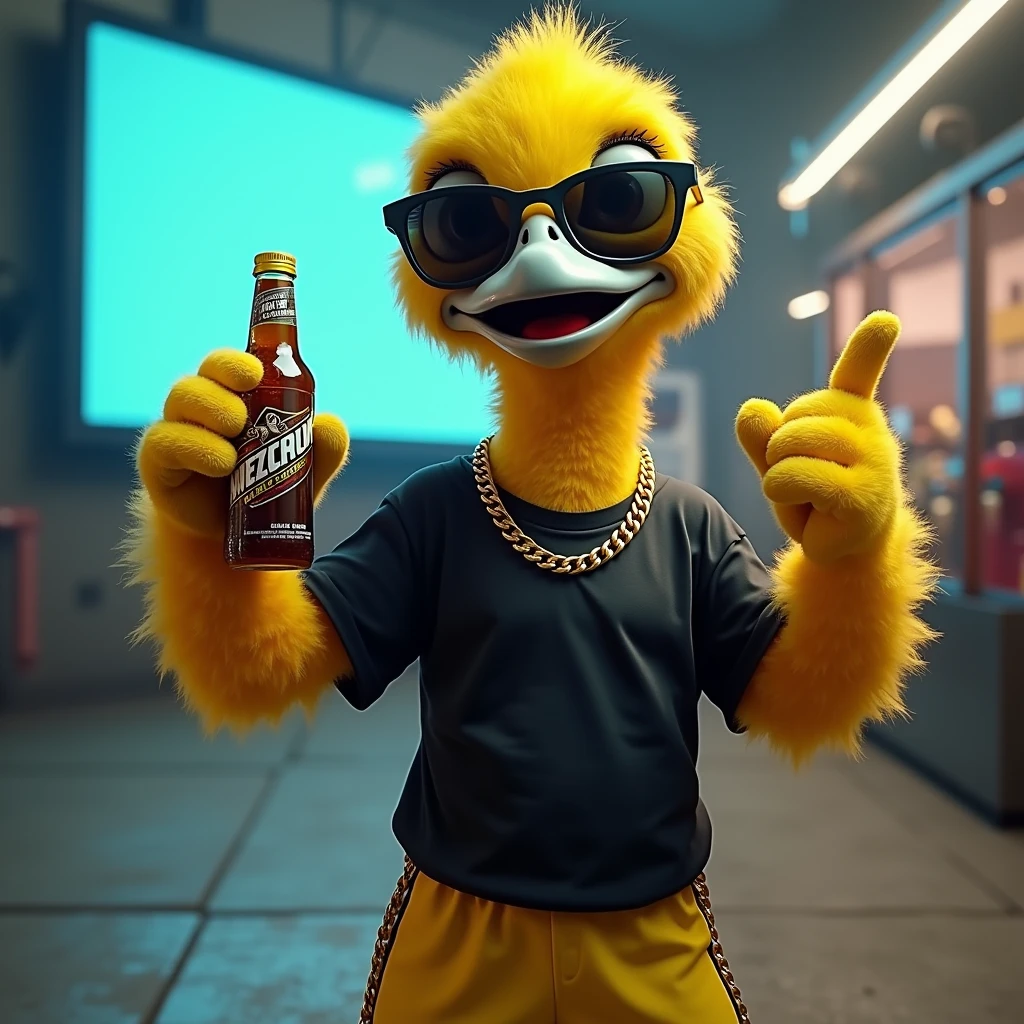 Fantastic, Amazing, memetic, a friendly athletic dodo wearing a black t-shirt, thick gold chain, yellow sports shorts, chic mirrored sunglasses, makes a “like” gesture, posar em um outdoor, presenting an energy drink, (outdoor digital billboard Lv9) (hairy Lv9) (close-up of hand gesture Lv 10) (RAW Quality Lv9) (meme level 10) photogenic, cinematic, Dramatic, work of art, lateral view, 45º top view, dynamic view, (cena de close-up Lv 5)