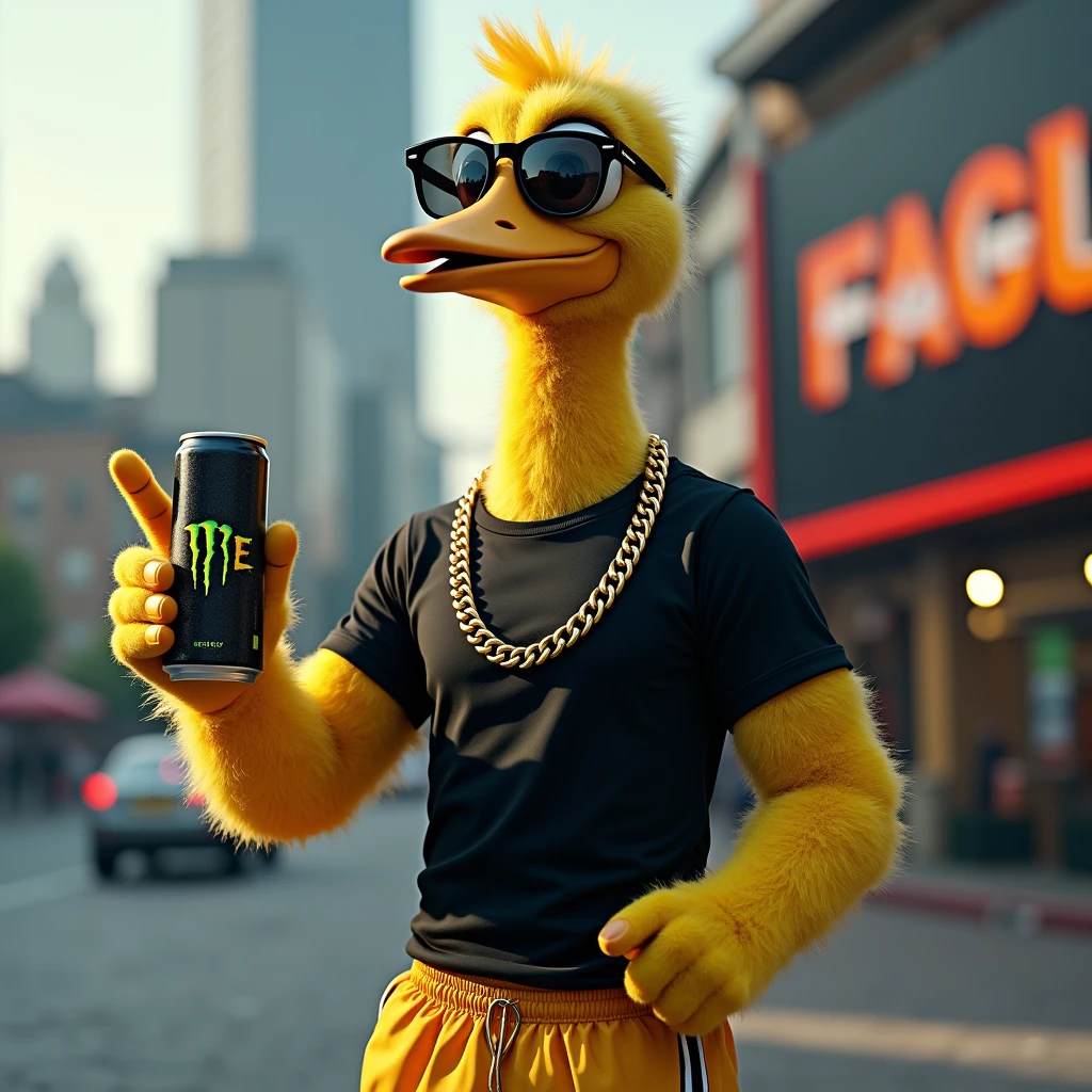 Fantastic, Amazing, memetic, a friendly athletic dodo wearing a black t-shirt, thick gold chain, yellow sports shorts, chic mirrored sunglasses, makes a “like” gesture, posar em um outdoor, presenting an energy drink, (outdoor digital billboard Lv9) (hairy Lv9) (close-up of hand gesture Lv 10) (RAW Quality Lv9) (meme level 10) photogenic, cinematic, Dramatic, work of art, lateral view, 45º top view, dynamic view, (cena de close-up Lv 5)