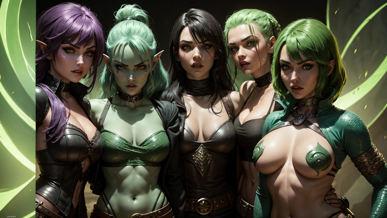 dungeons and dragons, snake scaled face, rpg, green hair, woman warrior, snake like eyes and snake like teeth, full doby image