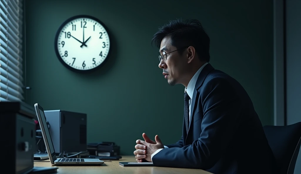 A Japanese salaryman looks up at the wall clock in the office, which shows 9 PM. The scene is realistic, with the late hour reflected in the tiredness on his face. The salaryman, dressed in a suit, glances at the clock from his desk, with the background showing a quiet office and partially dimmed lights. The clock’s hands indicate the late hour, conveying the length of the overtime