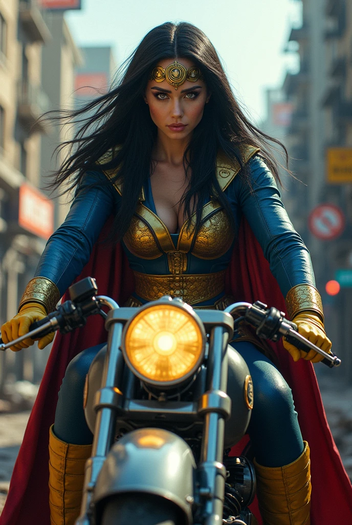 (((In extreme close-up a beautiful woman with long black hair (((Diaema in golden circles on her forehead)))Under the cloak of Big Barda light eyes her superheroine costume is samurai themed. Her usual costume is a blue leather jumpsuit with scales all over the suit and a gold armor corset over her jumpsuit, thick red belt, burnt yellow boots and gloves on a large, high-cylinder motorcycle in an apocalyptic city with a lot of destruction.))),(((Big Barda logos on the motorcycle))),(((Side images)))
