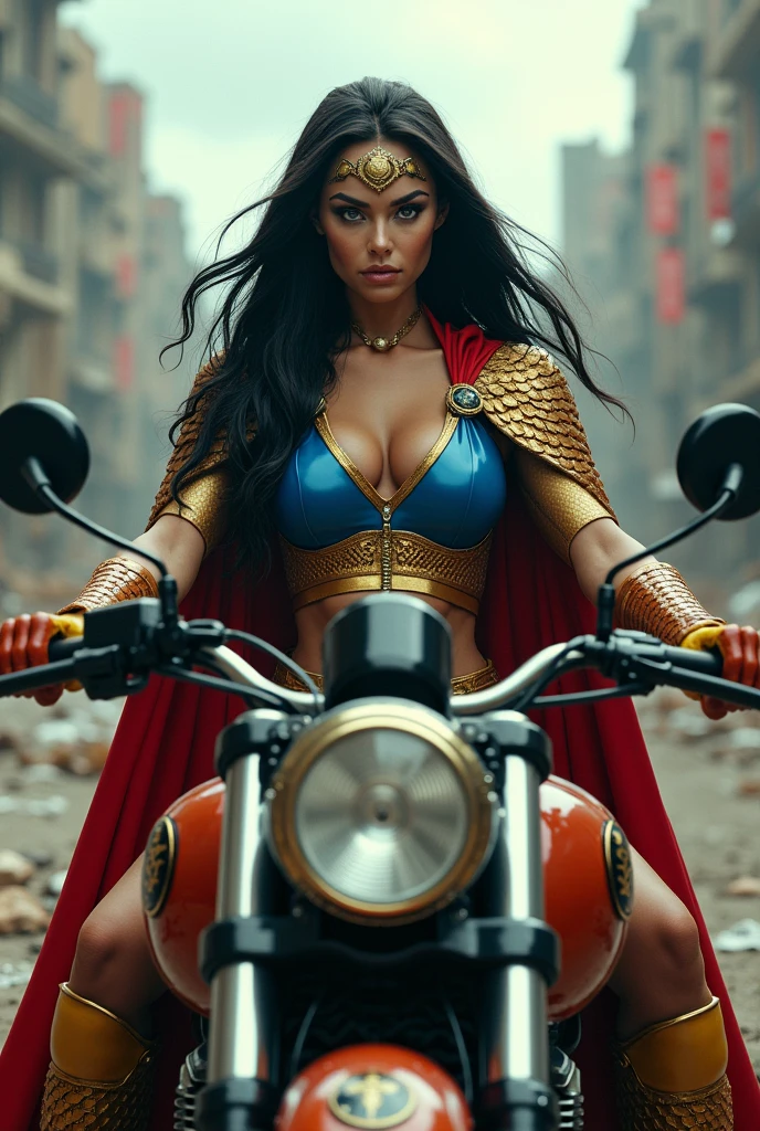 (((In extreme close-up a beautiful woman with long black hair (((Diaema in golden circles on her forehead)))Under the cloak of Big Barda light eyes her superheroine costume is samurai themed. Her usual costume is a blue leather jumpsuit with scales all over the suit and a gold armor corset over her jumpsuit, thick red belt, burnt yellow boots and gloves on a large, high-cylinder motorcycle in an apocalyptic city with a lot of destruction.))),(((Big Barda logos on the motorcycle))),(((Side images)))
