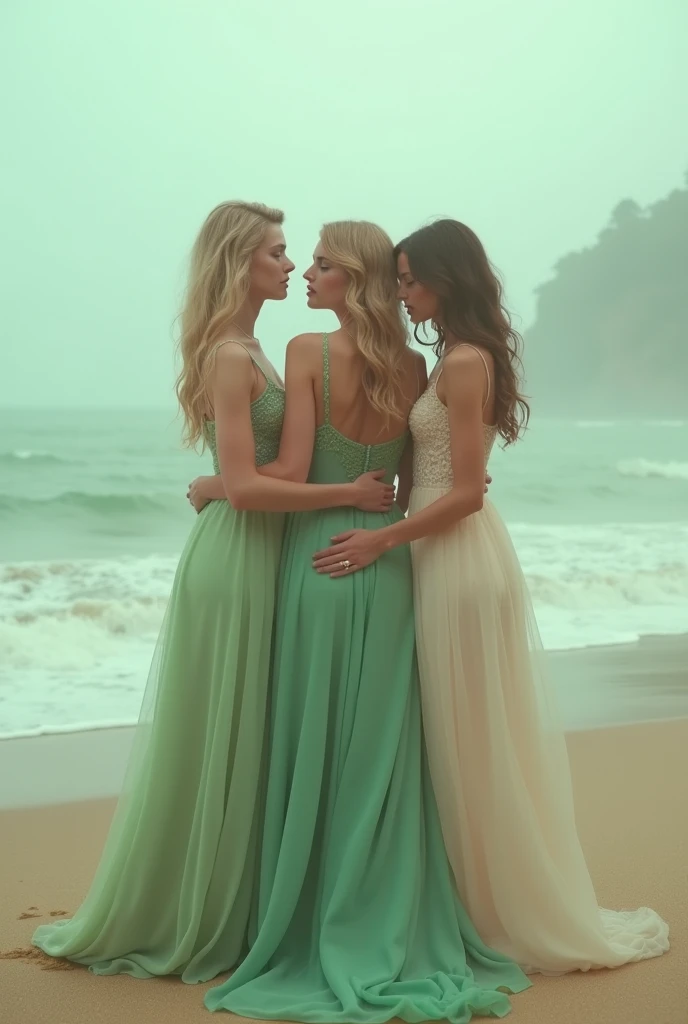 Three women in dresses stand on the beach with their arms around each other., still from a music video, a still from an ethereal, David Hamilton, Tim Walker style, Annie Leibovitz inspired, monia merlo, ethereal and dreamy, ethereal fairytale, photo from vogue magazine, Taylor Swift in a green dress., Taylor Swift as a heavenly angel.