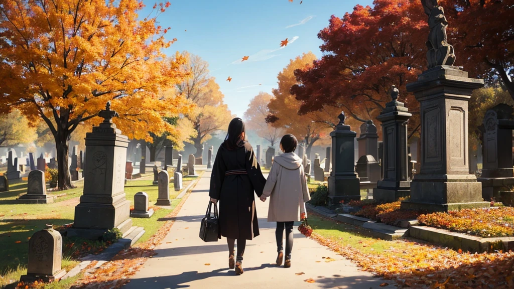Families visiting a peaceful graveyard with flowers and incense, surrounded by autumn leaves.