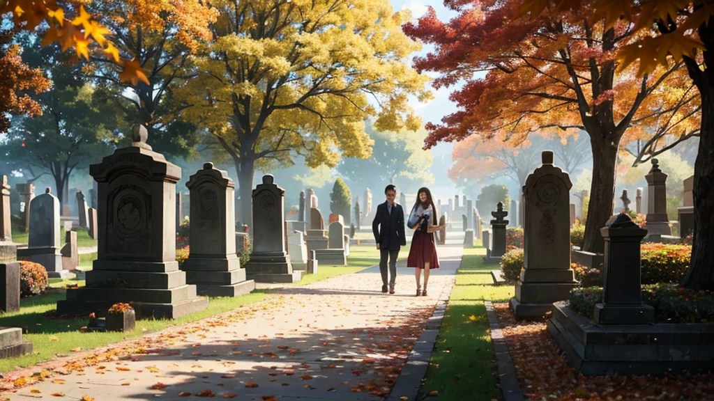 Families visiting a peaceful graveyard with flowers and incense, surrounded by autumn leaves.