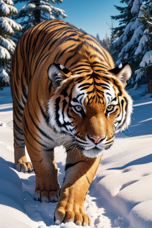 best quality, high quality, ultra quality, 8k, masterpiece, detailed, extremely detailed, insanely detailed, ultra detailed, ultra highres ,exquisite, lifelike Images,cinematic experience,UHD picture,Realistic,photorealistic,hyperrealistic,vivid,RAW photo,shot by DSLR, Snowy land, snow on the ground, Tiger prowling, snow day, tiger,