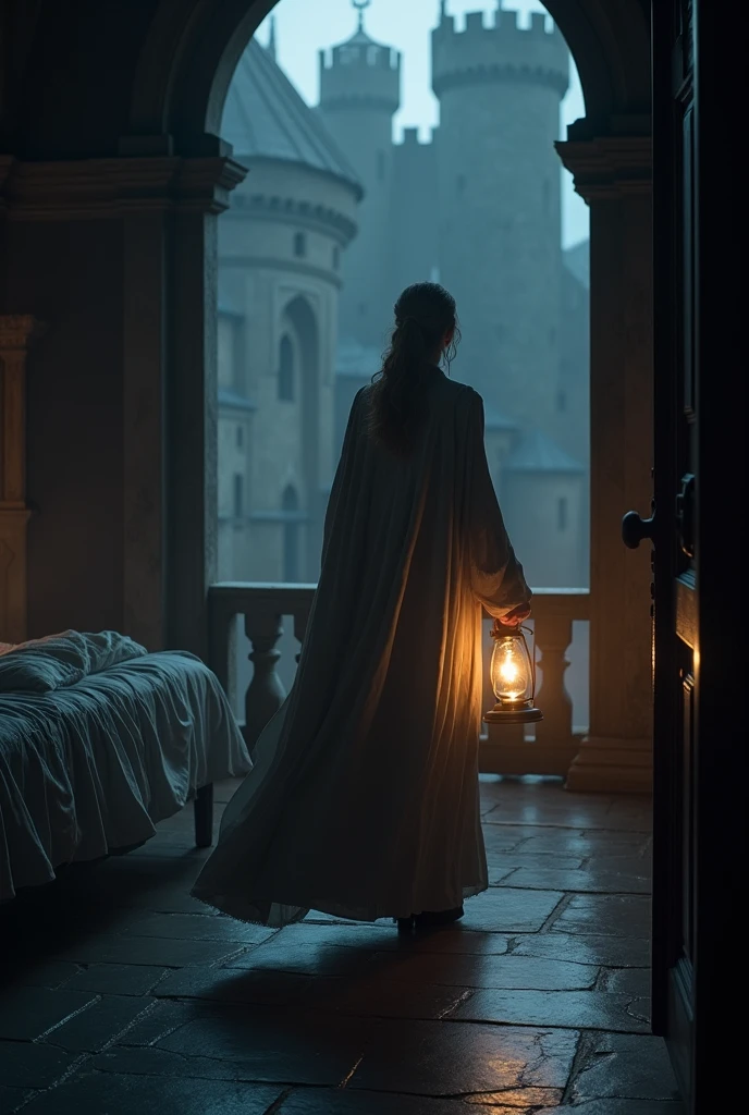 Rhaenyra was sleeping in her dim light room, her balcony open. She wore a cloak and a lantern in her hand as she ran from the halls in their castle