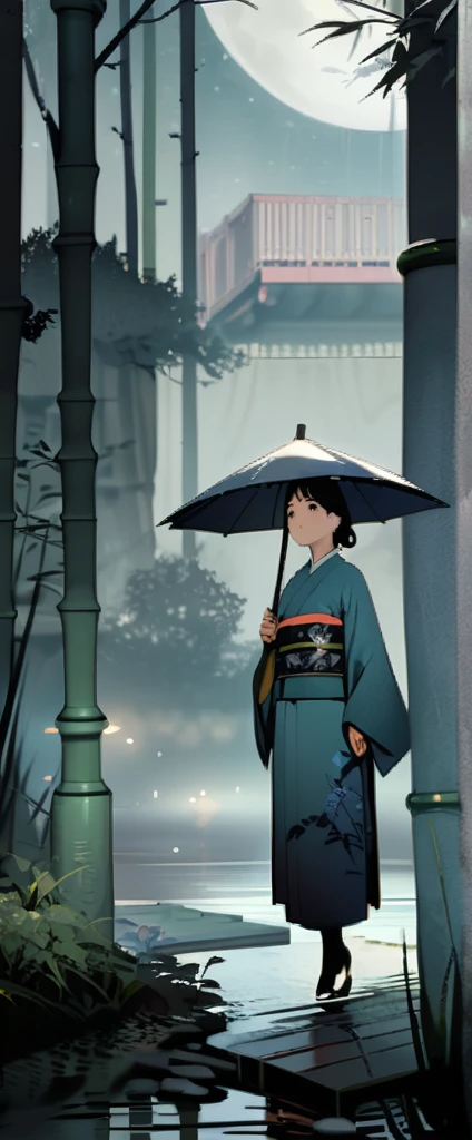 dynamic ink painting of a bamboo grove of japan, great art, great sense of depth, ground level shot, the most beautiful bamboo grove in the world, bamboo leaves shining through rainwater, moon\(pale blue\) with a light overcast,solo, beautiful 1girl\(ancient Japanese noble, beautiful kimono, beautiful long black hair\) looking up at the moon holding an umbrella,raining softly, fireflies flying around, bamboo leaves are placed three-dimensionally in the foreground, long shot,colorless,full body