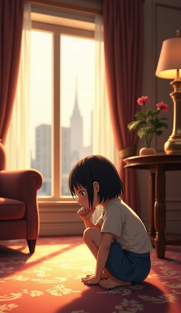 (1girl, Japanese, 4, short black hair, (crawling position:1.2), luxury city hotel room, warm lighting)
