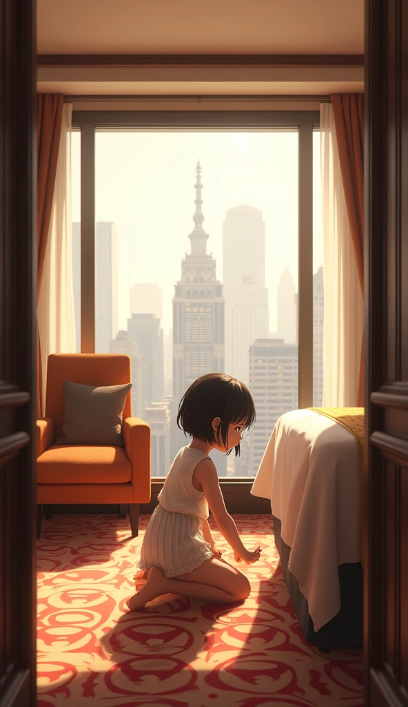 (1girl, Japanese, 4, short black hair, (crawling position:1.2), luxury city hotel room, warm lighting)
