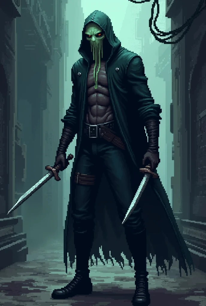 Humanoid Slime in Assassin Clothes, with daggers, em pixel art