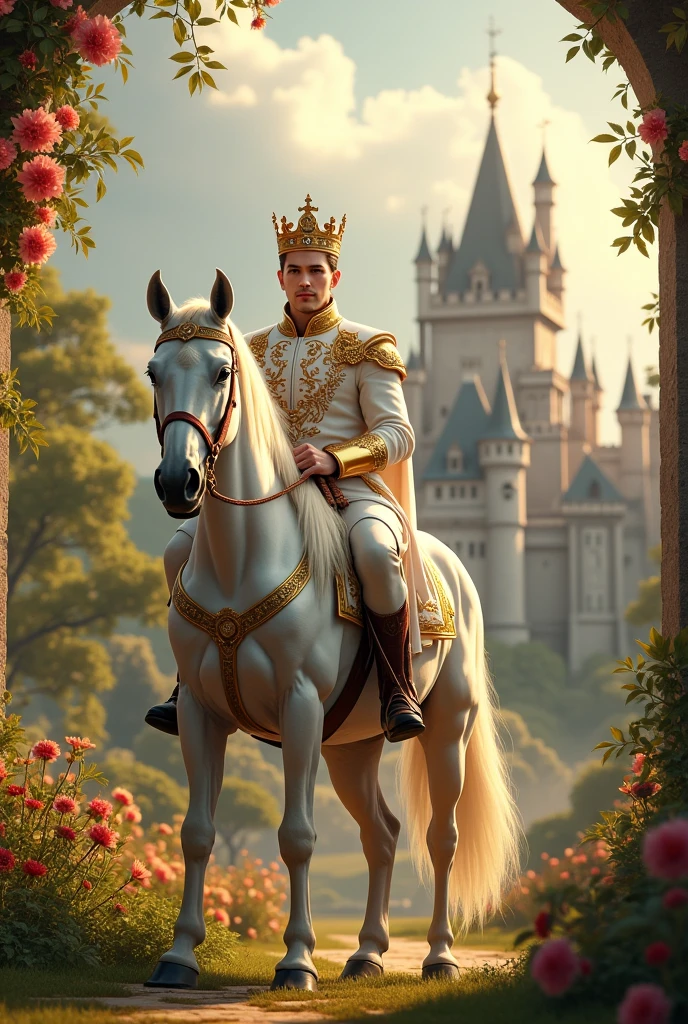a handsome prince, with crown, in a white and gold outfit on a white horse, in a beautiful garden , and in the background a medieval castle
