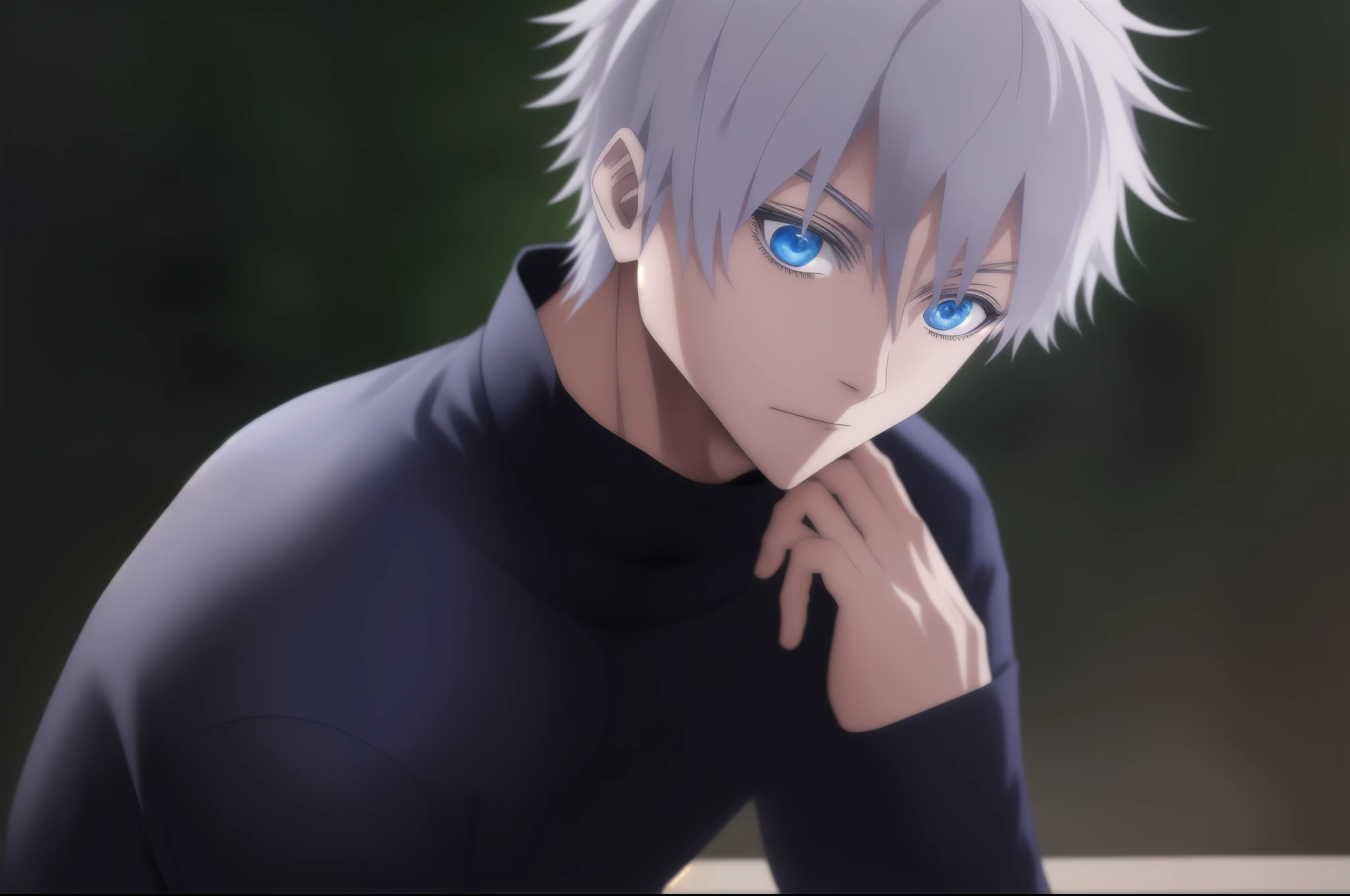 alone, 1 person,Gojō,blue eyes,Gray Hair, Upper Body,High neck,Black Top
