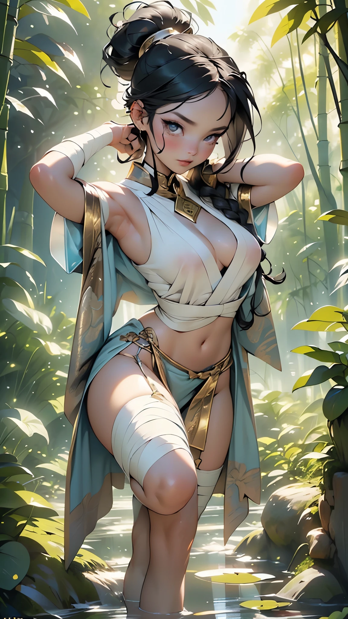 girl from ancient japan,1girl,

(large breasts:1.5),((((braid ponytail,dark hair,black hair,long braid,colored inner hair)))),(((gold_eyes:1.3))),intricate eyes,beautiful detailed eyes,symmetrical eyes,((((lustrous skin:1.5,bright skin: 1.5,skin tanned,shiny skin,very shiny skin,shiny body)))),(spider lower abdomen,narrow waist,wide hip,athletic body,inflated legs,thick thighs),((detailed face)),beautiful detailed lips,

cute,slutty,sensual,seductive look,seductive,((erotic)),opulent,sumptuous,(((nsfw))),

(Adorable Oiran Girl,(Plain blue Kimono,Bandage,Waist Band,Loincloth,Fundoshi:1.15)),((((bandaged legs:1.5,bandaged arms:1.5,bandaged breasts,white bandage)))),((eyeshadow,egyptian makeup,eyelid makeup)),

dynamic and seductive pose,looking at viewer,embarrassed,centered,scale to fit dimensions,Rule of thirds,

outdoors,(waterfall,bamboo,river,bamboo forest,japanese temple,red lanterns burning,temple in the forest,mossy stairway in the temple,dilapidated temple,bamboo sanctuary,),scenery,extremely scenery,(puddles everywhere,moss,moss on the background),clouds,lily pads,(sunset, golden hour),

(Glossy japan ornaments),highres,sharp focus,(ultra detailed,extremely detailed),(photorealistic artwork:1.37),(extremely detailed CG unity 8k wallpaper),(((vibrant colors,vibrant theme))),(intricate),(masterpiece),(best quality),artistic photography,(photography taken by sldr),(intricate background),perfect rendered face,perfect face details,realistic face,photo realistic,((intricate detail)),(((realism))),
