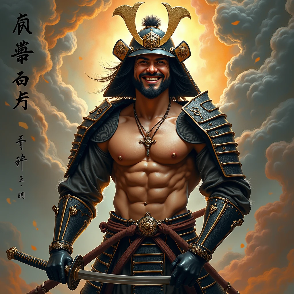 Pour créer l'image réaliste comme une photographie, imaginez une guerrier homme souriant, vêtu d'une armure de samouraï torse nu. Il tien un katana japonai. Autour de lui, des couleurs tourbillonnent qui accentuent sa présence unique et joyeuse. L'arrière-plan contient son nom " Grey Gay ", qui est inscrit en lettres gothiques, ajoutant une touche mystérieuse à l'ensemble de l'image. Cette composition évoque à la fois la fougue et la singularité de ce personnage souriant.