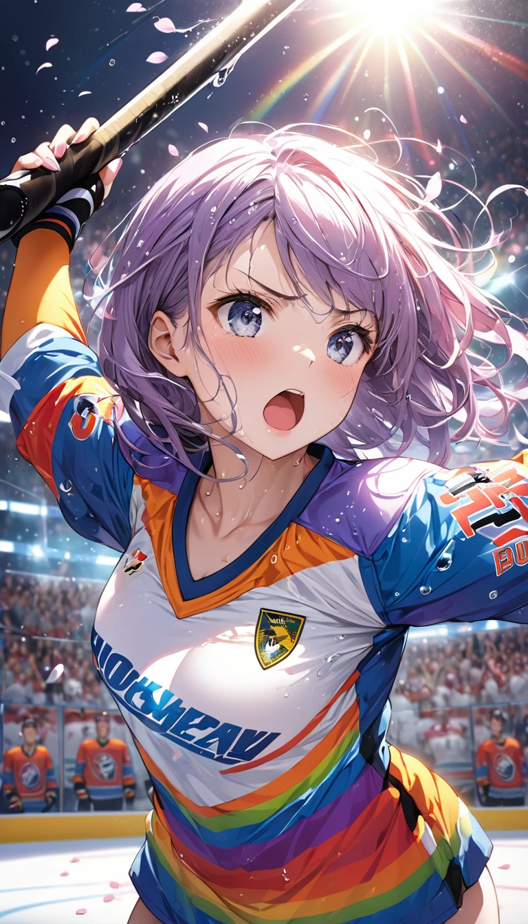 (Sports magazine cover photo), Highest quality, Great quality, 16K, Unbelievably absurd, Very detailed, delicate and dynamic, Natural light, The particles reflect light, Diffuse reflection of light, Many rainbow-colored petals fall, Beautiful hall, Sparkling Sun, Diffuse reflection of light, Create amazing image effects, , Wet, sweating, Ice ??????, Holding ?????? stick, Close-up(Cute sexy girl, big bouncing busts, Sensual expression, Cool girl, Serious, passion, Dynamic, Flashy ?????? uniform, ,audience , much-air-laden cheer)