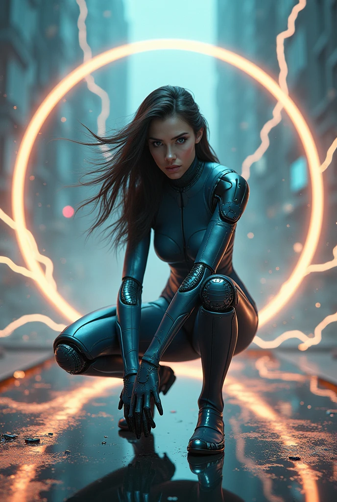 (masterpiece:1.2,Distinguished Quality,mirror-like,cinematic experience),8k,Wallpaper,(1 female),(A warrior android from the future:2.0),(beautiful face,He is staring at her.),(Crouching on one knee in a circle of light like a magic circle),(Hair blowing in the wind),(light particles:2.0),(The right knee is raised:2.0),(Detailed hands:1.6),(dynamic angles:2.0),(American cities and countless electrical discharges in the 1980s:2.0)