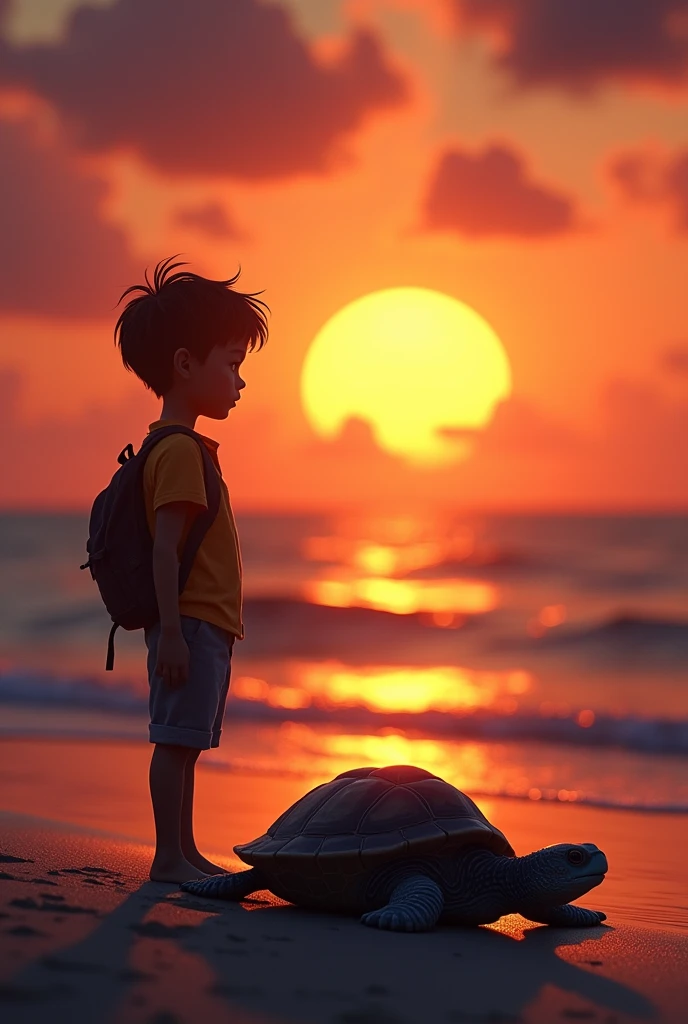 A beautiful sunset at sea shows the silhouette of a boy named Tomas accompanied by a turtle.