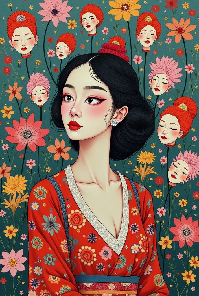 Expressionist artwork images of multiple floating ceramic heads, 3d collage style, make it weird and gallery worthy, ((japanese woman)), portrait, absurdres,highres,ultra detailed,ultra-detailed background,detailed background,extremly detailed,1girl,bunch of flowers,(zentangle:1.2),(geometric:1.2) multi-colored color palette, monochromatic, big , cleavage, sideboob, lingerie, realistic depiction, arms behind back, kaleidoscopic, multidimensional, ethereal glow, captivating uniqueness, surreal juxtapositions, visual symphony, unforgettable visual narrative, edgy, mathematical, simple-shaped vectors, highly modern, stylistic, polygonal abstraction, vector art, bold lines, minimalist color scheme, digital art, abstract geometry