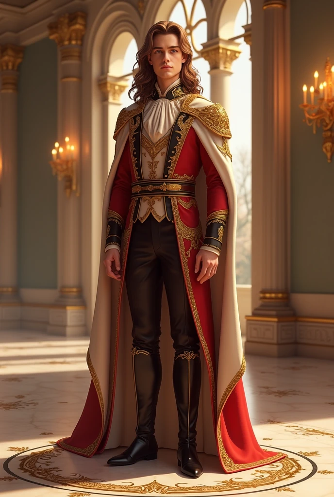 a prince with brown hair and golden eyes smiling, floor