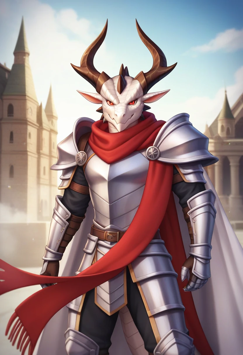 8k, high resolution, vivid colors, battlefield plan, Draconato branco, Dragon head, 1 tail, 5 fingers, 2 arms, 2legs, white scales, Caucasian skin, Eyes red, paladin, usando uma armadura de paladin, long white cape, long red scarf around the neck, masculine, Knight's Armor.