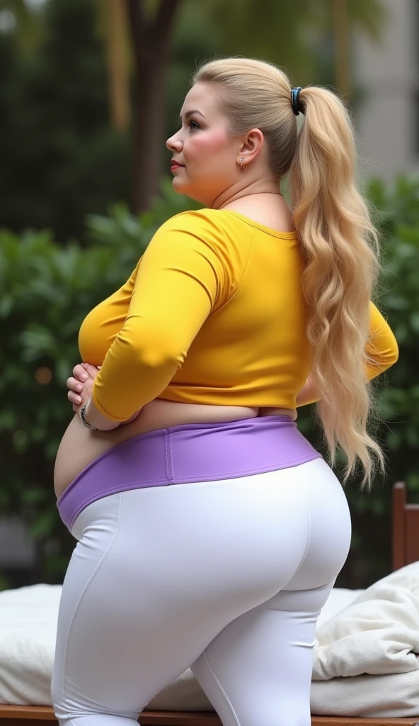 Overweight and A confident elderly woman with long golden hairy fancy one sided hair stands outdoors in a stylish pose. She wears a fitted yellow long-sleeve top and high-waisted white leggings with a purple waistband, which accentuate her curvy, full figure. Sitting on a bed she is showing her big backside