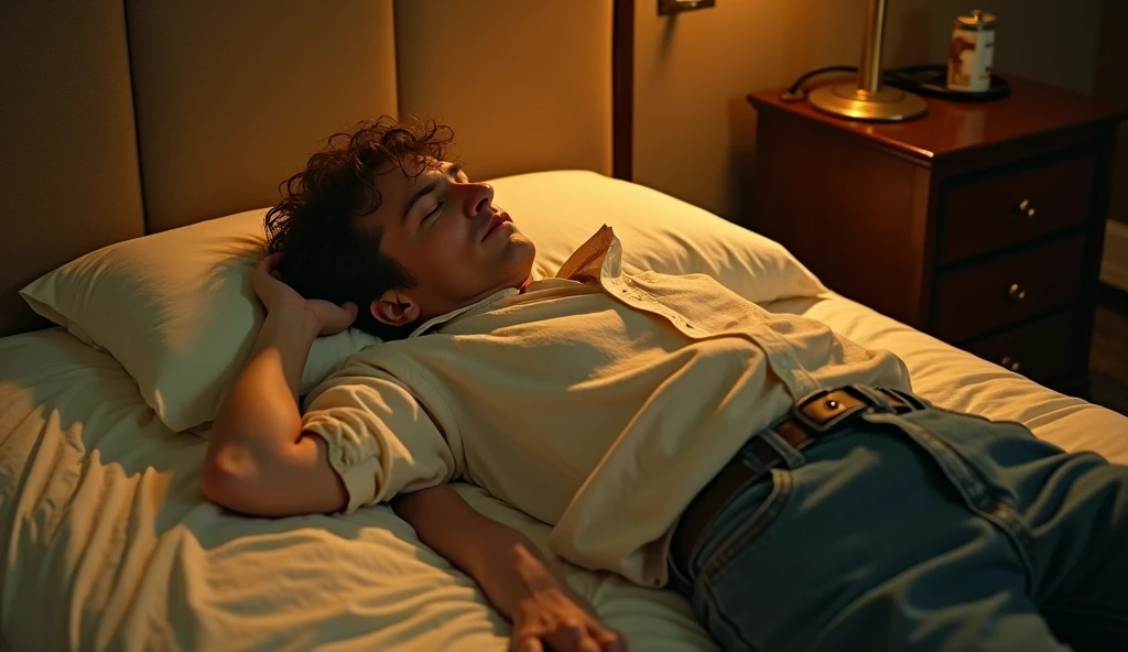 A nostalgic screenshot from a 1980s horror film directed by surrealist mastermind David Lynch, capturing an eerie, dimly lit atmosphere of a middle-aged man with thin, pale skin, dark circles under his sunken eyes, and a hairstyle disheveled, disheveled brown man sleeping on a bed in a hotel room, dressed in a worn and wrinkled white shirt and a pair of faded high-waisted pants. blue jeans, the entire scene is bathed in a warm, golden light with an underlying sense of unease, evoking a sense of cinematic dread, with a prominent film grain texture that adds to the retro, analogue aesthetic, as if it had been ripped straight out. from a VHS tape