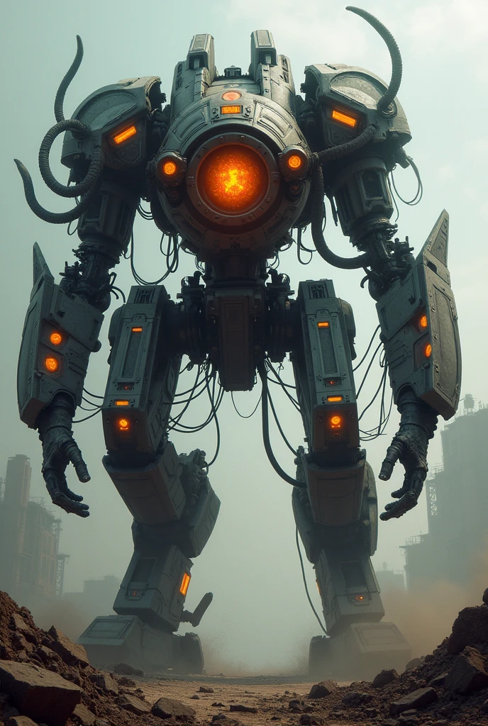 A war machine with three legs, tentacles, lights and a technological weapon that kills people with a heat ray that destructs