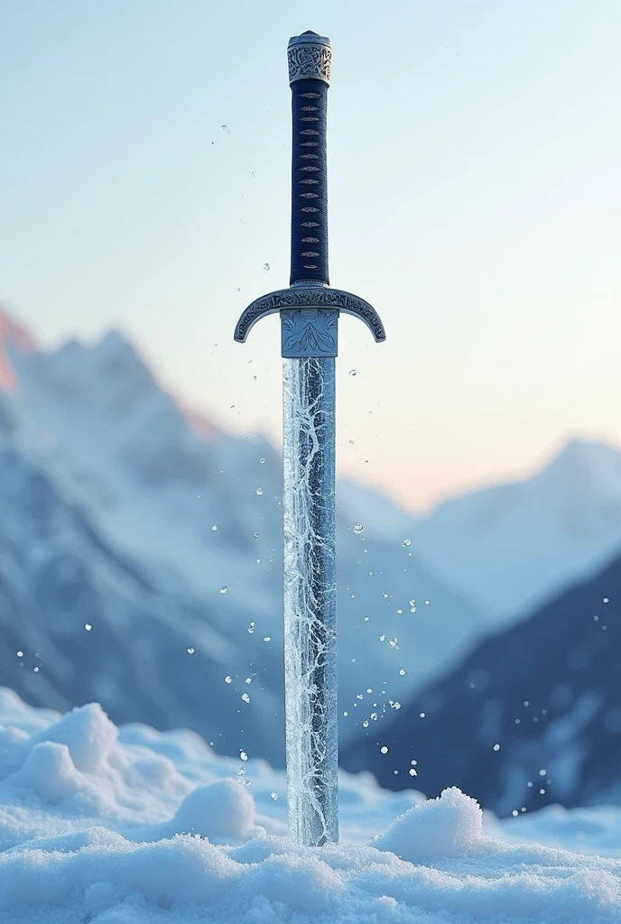 Katana sword with its blade in ice