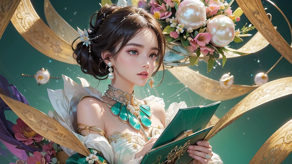 32K, 最高quality, 最高masterpiece, (ultra-Detailed Background, Detailed Background), High resolution, Super detailed, Very detailedな, 1 personの, (bouquet:1.3), (Tangled:1.2), (Geometric:1.2),(colorful),(masterpiece, quality, best quality, Official Art, Beautiful and beautiful:1.2), (1 person:1.3), Very detailed,(colorful:1.1)(Flowers:1.3),Most detailed,(Tangled:1.2), whole body, (Abstract background:1.3), (Skin glows), (Many colors:1.4), ,(Earrings Pearl:1.5), Light green background, It's imaginative., Brunette Hair, Updo, Holding a book, Holding a pen, Satin shirt