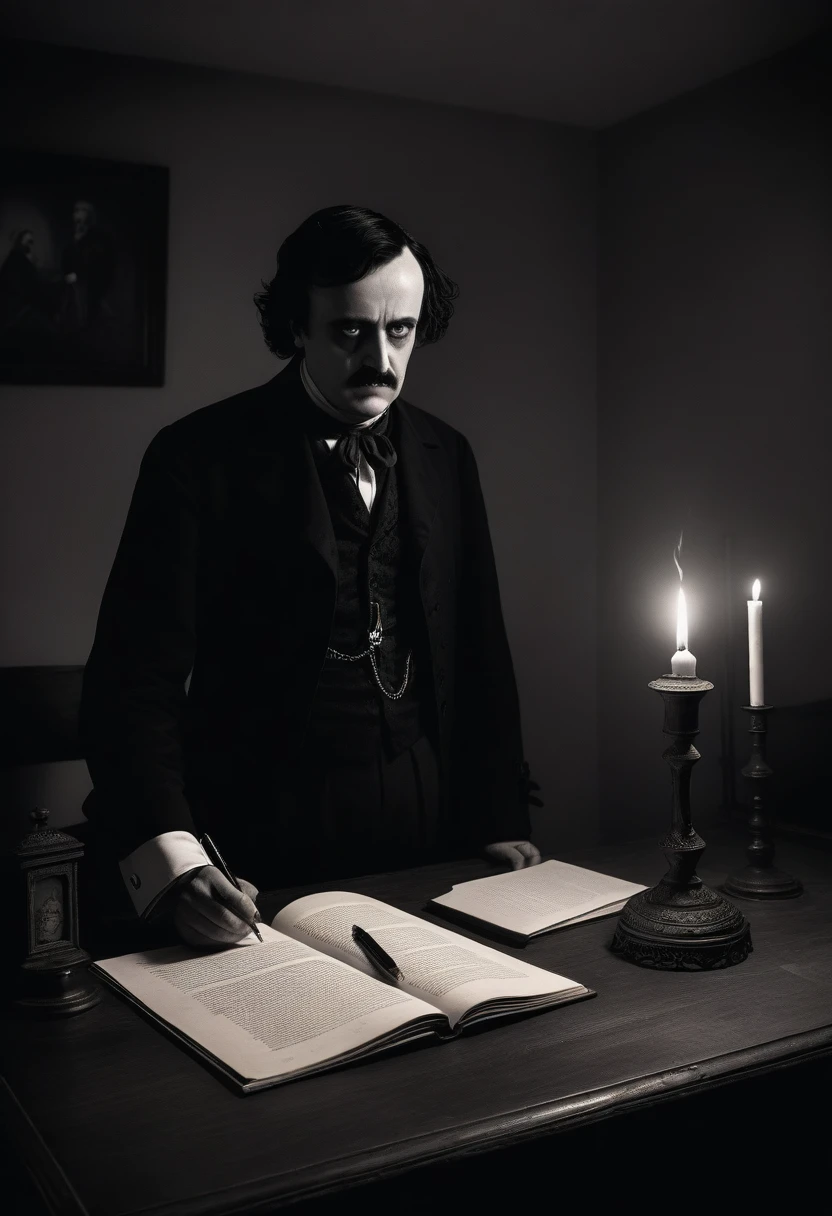 Sitting at a Gothic desk is Edgar Alan Poe, looking ahead, in a room illuminated only by an oil lamp that is on the desk, with a pen in his hand thinking about his next writing, above him parade through the air. that seem like his thoughts, floating a ghostly woman, some threatening shadows, a terrified man in a straitjacket, some shadows of crows with red eyes, all wrapped in an atmosphere of terror that frightens the author a little.