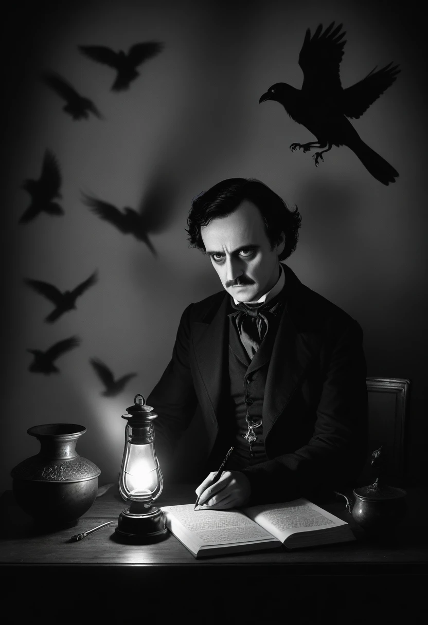 Sitting at a Gothic desk is Edgar Alan Poe, looking ahead, in a room illuminated only by an oil lamp that is on the desk, with a pen in his hand thinking about his next writing, above him parade through the air. that seem like his thoughts, floating a ghostly woman, some threatening shadows, a terrified man in a straitjacket, some shadows of crows with red eyes, all wrapped in an atmosphere of terror that frightens the author a little.