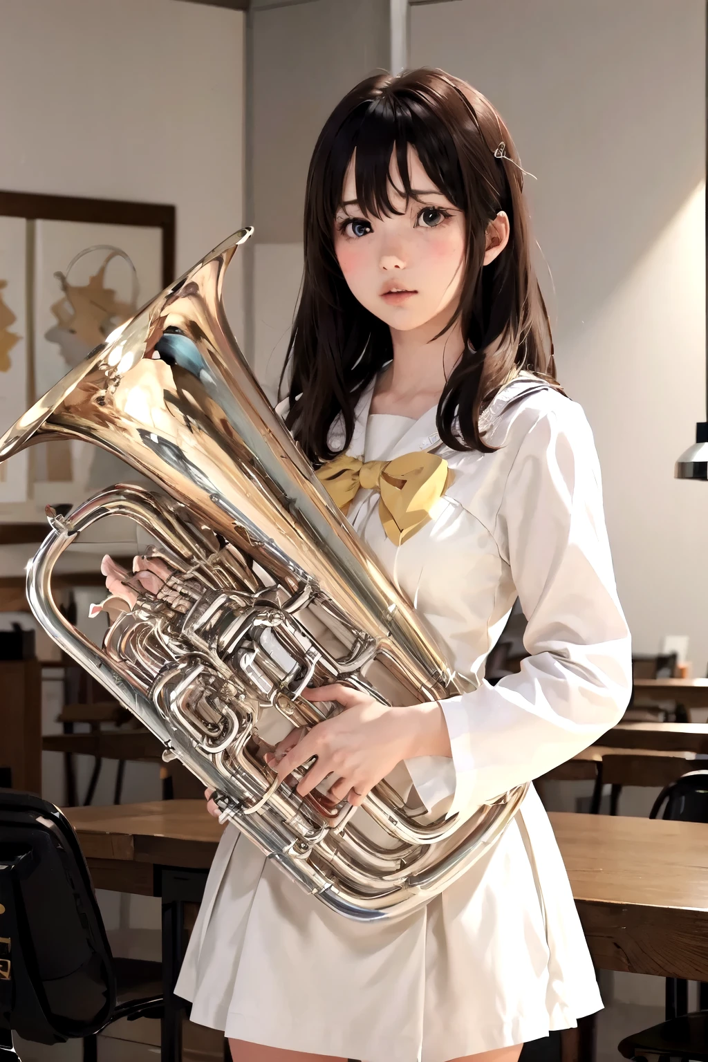 (masterpiece, Highest quality:1.2), (One Girl), play the euphonium, alone, (Draw the Euphonium Shape Accurately:1.4)、Standing、(From the left diagonal front)、In the uniform of Kitauji High School、Anime Art、4K、8k、wallpaper、