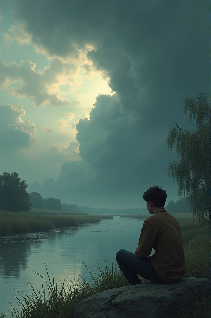 Boy sitting near river . Sky is full cloudy dark gray 