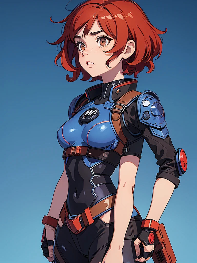 (masterpiece), (best quality), ((one girl)),alone, red hair,((brown eyes)),short curly hair, anime style, freckles, (small breast) (petite figure), blue and black cyberpunk outfit, ((desert background))