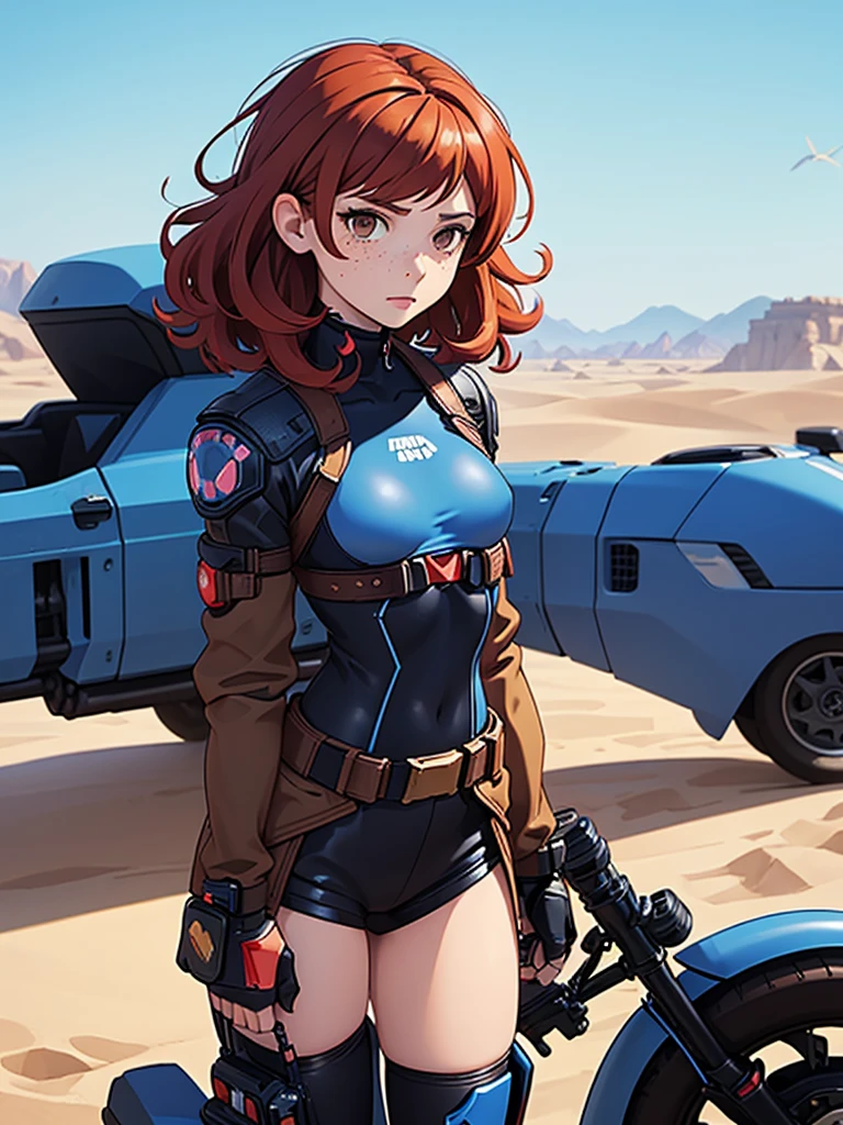 (masterpiece), (best quality), ((one girl)),alone, red hair,((brown eyes)),short curly hair, anime style, freckles, (small breast) (petite figure), blue and black cyberpunk outfit, ((desert background))