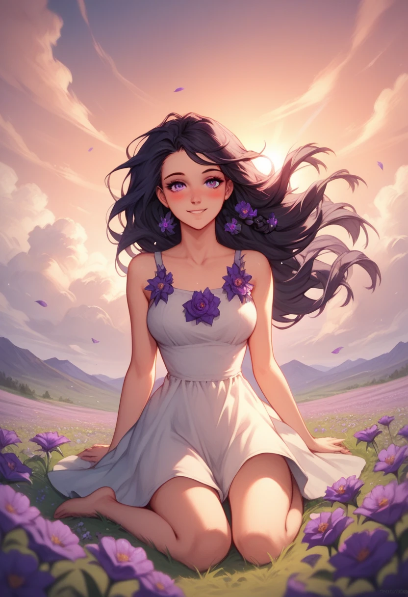 (masterpiece), 1girl, 1women, solo focused, expressive eyes, innocent smile, large purple sparking eyes, field of purples flowers, black hair, valley, purple flower in ear, smiling, slender figure, beautiful valley, wind, long black hair, violet eyes, braided hair, wind blowing, hair flying, twilight, sunset, beautiful scenery, clouds, sitting on the ground, flower fired, blushing, looking at viewer, seating next to viewer POV, holding flowers, beautiful sundress, barefoot