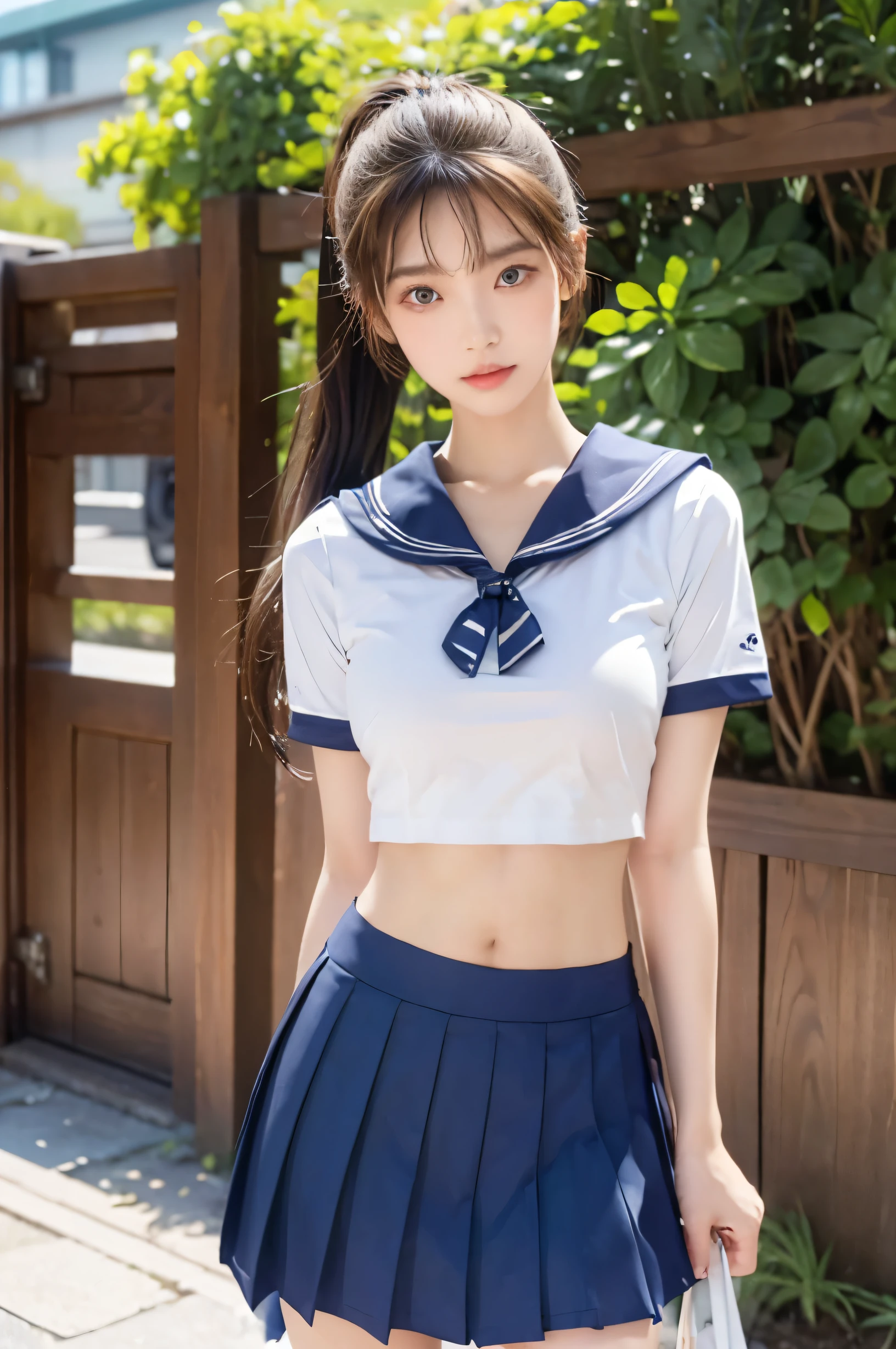 (Ultra HD), (Looking at me), (The whole body is shown), (Short-sleeved sailor uniform, Navy blue low-rise mini skirt), Big Breasts, slender, Narrow waist, (Thin legs:1.2), (Thin thighs:1.2), (Thin Hips:1.4), (Beautiful Skin, Shiny skin, White skin), (Super slim face, Super beautiful face, No makeup, smile:0.6), (ponytail, Layered Cut, Fluffy hair), (double eyelid, Slanted Eyes), Small Nose, Thin lips, Are standing, In front of the school gate