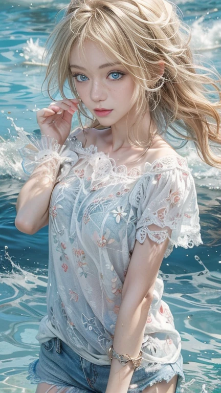 (masterpiece: 1.2, Portraiture, Highest quality), Realistic, (Live Action, Intricate details, Written boundary depth), Highest quality, masterpiece, Attention to detail, semi-Realistic, Swimming in the lake, shy, 2, Short blonde, blue eyes, blonde、 Slim figure、Shoulder Bare、Shorts and T-shirt 、Blue sky and a few clouds、Shoulder Bare,most detailed face、Ultra-high resolution detailed face,Beautiful face drawn in every detail、