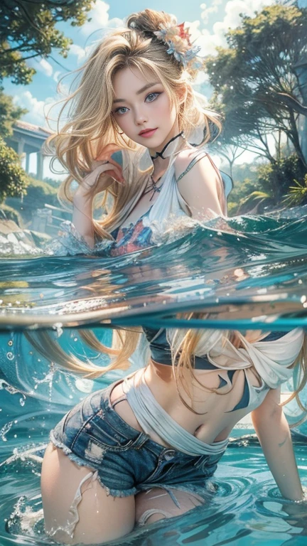 (masterpiece: 1.2, Portraiture, Highest quality), Realistic, (Live Action, Intricate details, Written boundary depth), Highest quality, masterpiece, Attention to detail, semi-Realistic, Swimming in the lake, shy, 2, Short blonde, blue eyes, blonde、 Slim figure、Shoulder Bare、Shorts and T-shirt 、Blue sky and a few clouds、Shoulder Bare,most detailed face、Ultra-high resolution detailed face,Beautiful face drawn in every detail、