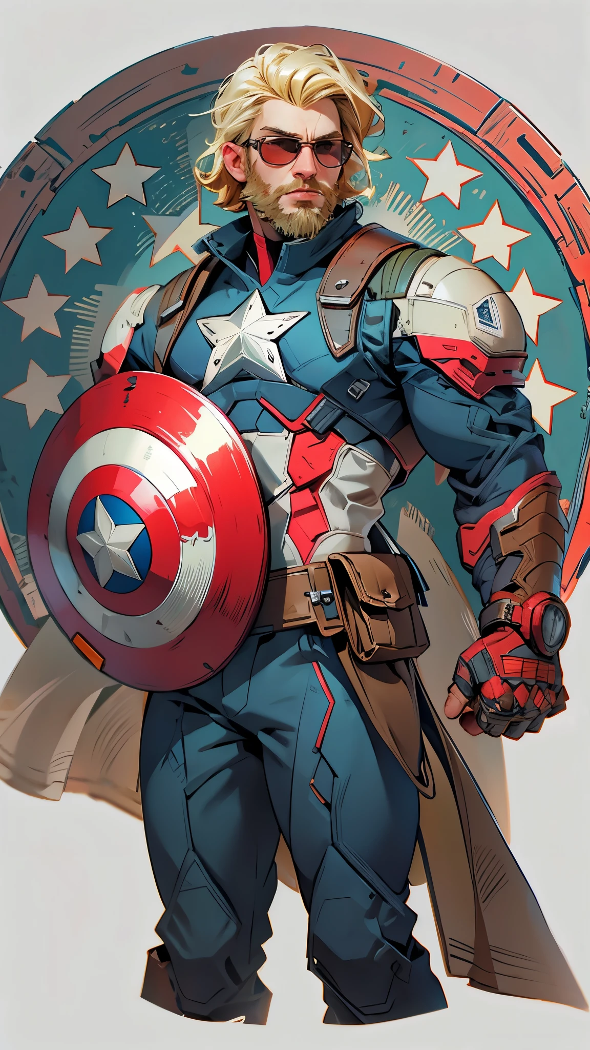 envision a character design of a man with blonde hair and a blonde beard in a Captain America suit with technology attachments and a red white and blue circular shield against a dark gray background with multiple views