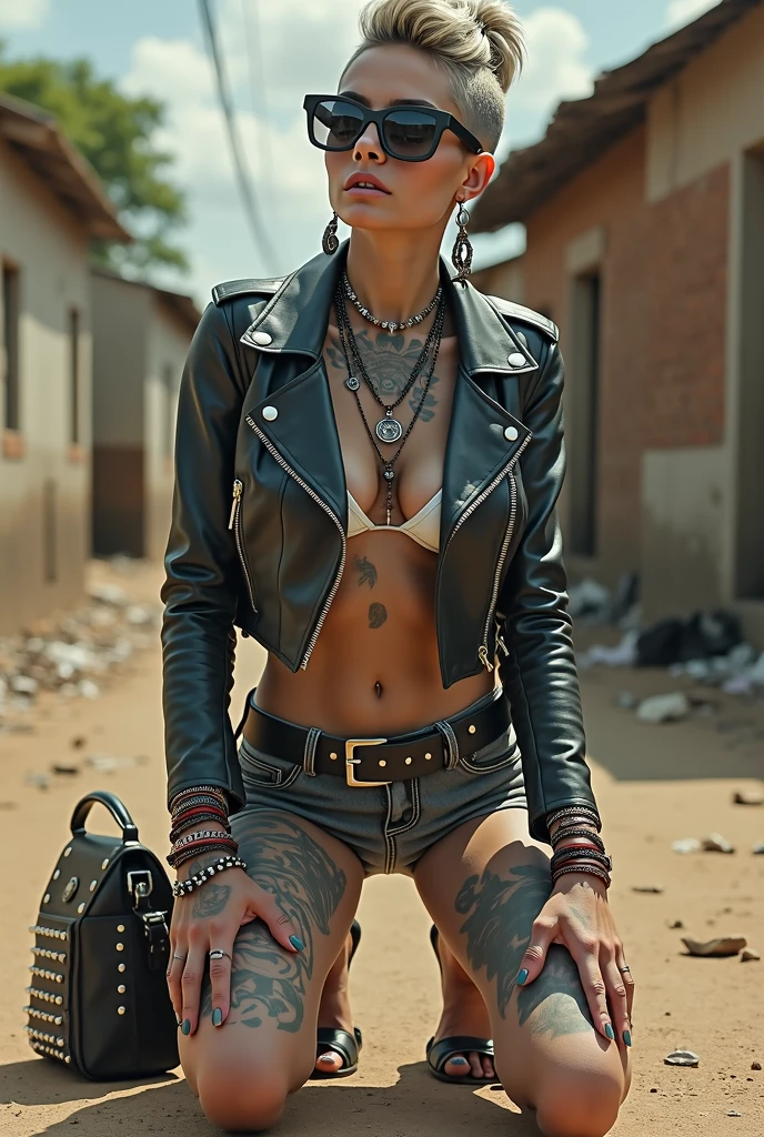 russian milf woman, grey  hair (high pouf, top bun, shaved sides), colourful bandana as headband, with very light blue eyes, extremely pale skin. Wearing cropped aged black moto jacket with lots of zippers and pins, flipped up collar. skinny dark low rise blue jeans. Black and red tight push up bra, Dirty White tennis sneakers. Chain around hips like belts. Dirty knees, dirty feet and muddy hands. Wide studded belt. Squatting on a puddle with hands on her hips, looking up, chin up, stretching her neck , humble facial expression.  Black nail polish. studded black leather tote bag with chain on the floor, next to her.. Listening looking up in amazement to somebody speaking to her from the sky, upper teeth visible. Well toned abdominals, thin neck, slim legs and thin arms. Narrow hips Cleavage, stomach, neck, tigh and hands completely covered with tattoos. Dirt street in Kenyan village full of waste. A lot of tanned fat women  in traditional dresses around looking at her. next to her, all her belongings scattered on the floor: tobacco packs, makeup kit, little makeup mirror, studded black leather tote bag, lipstick, wallet, moble etc on the floor, point of view; from above
