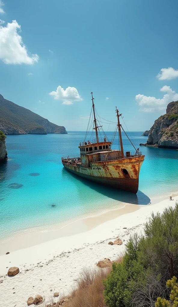 "Blue sea and white sand beach, shipwreck, view of Navaio Beach in Zakynthos"