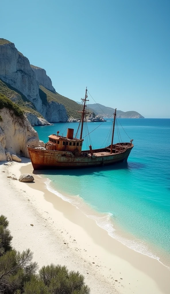 "Blue sea and white sand beach, shipwreck, view of Navaio Beach in Zakynthos"