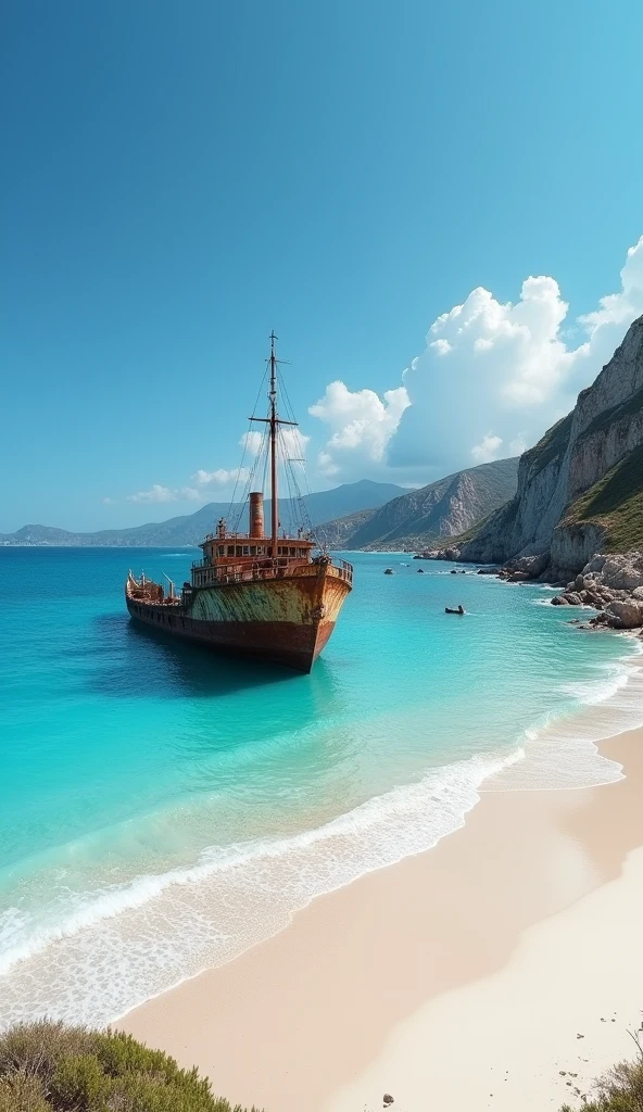 "Blue sea and white sand beach, shipwreck, view of Navaio Beach in Zakynthos"