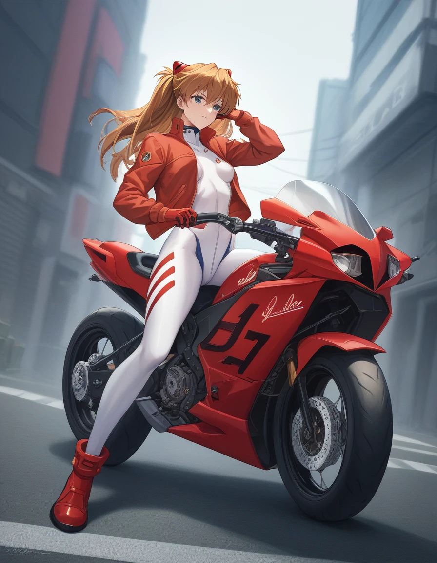 Shikinami Asuka Langley, detailed description、Plug Suit、Translucent costume, Small breasts, Jacket, Woman riding a largemotorbike（rider、Gold and red two-tone hairstyle、Detailed Description、Perfect Face、Armed、）、red motorbike（red、bike、two-wheeled vehicle、Large、Mechanic Design）