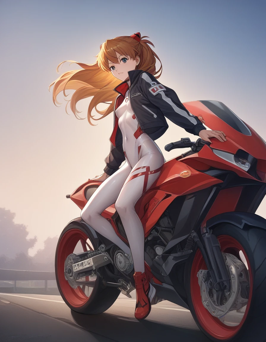 Shikinami Asuka Langley, detailed description、Plug Suit、Translucent costume, Small breasts, Jacket, Woman riding a largemotorbike(rider、Gold and red two-tone hairstyle、Detailed Description、Perfect Face、Armed、)、red motorbike(red、bike、two-wheeled vehicle、Large、Mechanic Design)