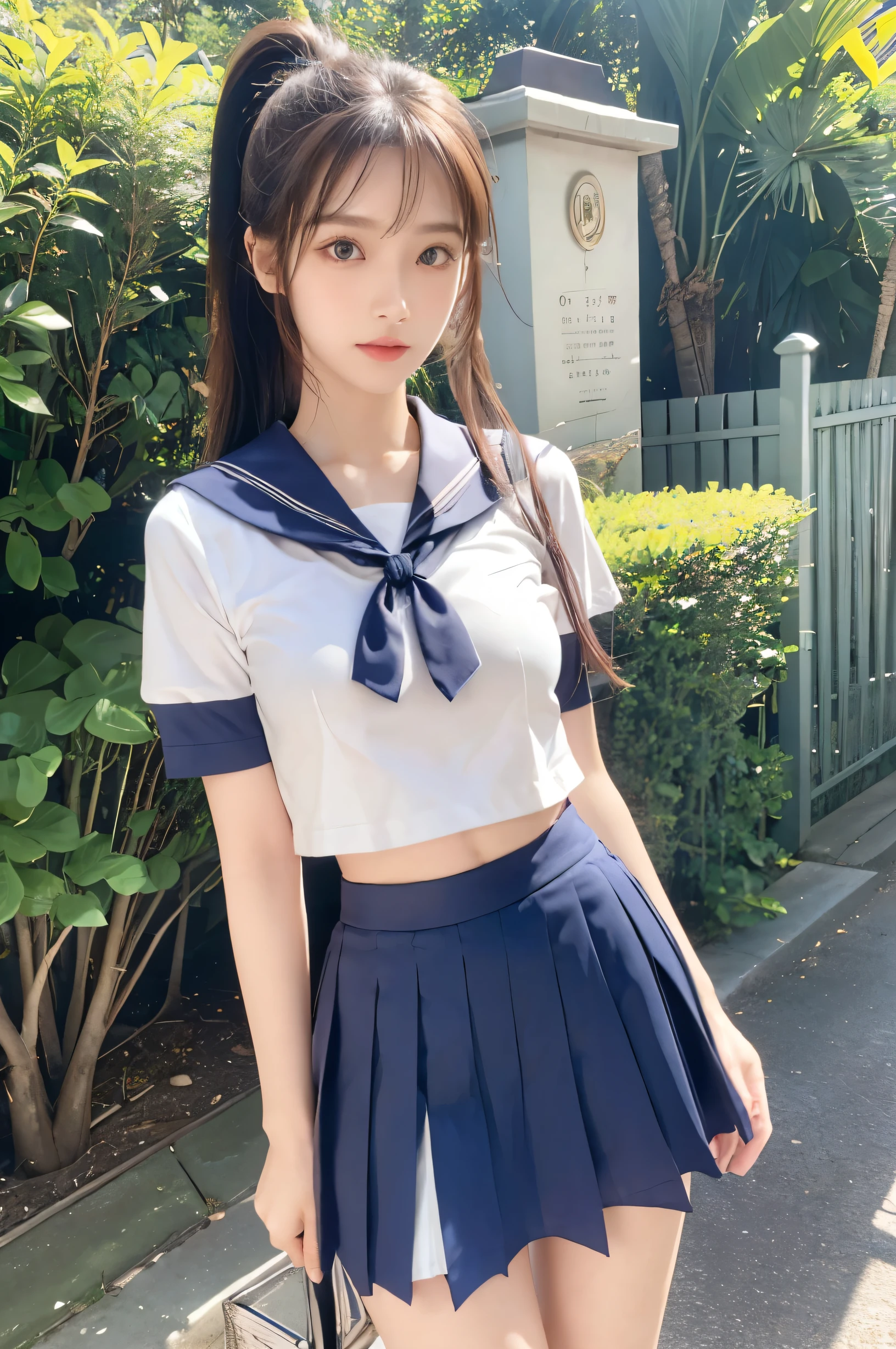 (Ultra HD), (Looking at me), (The whole body is shown), (Short-sleeved sailor uniform, Navy blue low-rise mini skirt), Big Breasts, slender, Narrow waist, (Thin legs:1.2), (Thin thighs:1.2), (Thin Hips:1.4), (Beautiful Skin, Shiny skin, White skin), (Super slim face, Super beautiful face, No makeup, smile:0.6), (ponytail, Layered Cut, Fluffy hair), (double eyelid, Slanted Eyes), Small Nose, Thin lips, Are standing, In front of the school gate