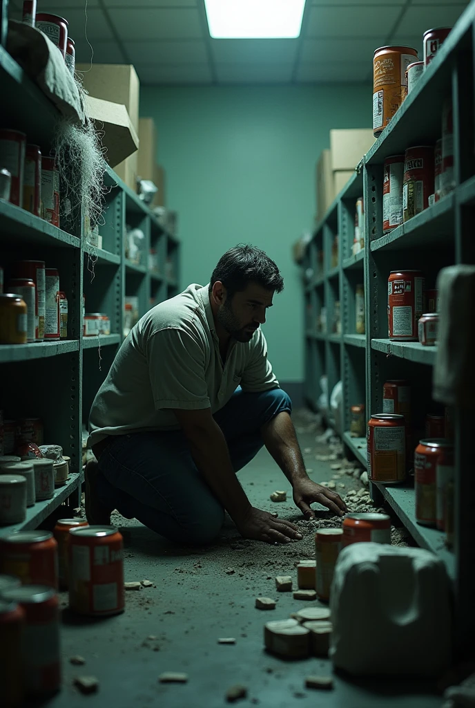 Abandoned hospital, man eating survival food in a supply room, Normal man