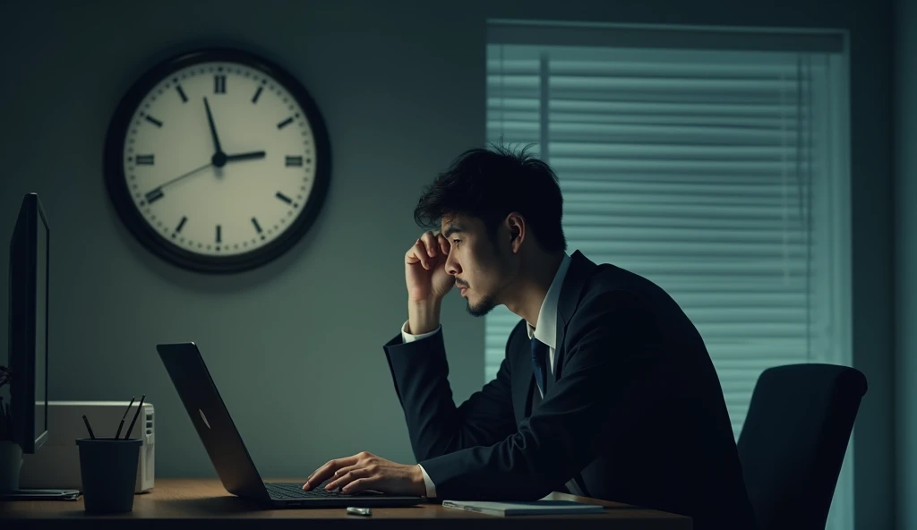 A Japanese salaryman looks up at the wall clock in the office, which shows 9 PM. The scene is realistic, with the late hour reflected in the tiredness on his face. The salaryman, dressed in a suit, glances at the clock from his desk, with the background showing a quiet office and partially dimmed lights. The clock’s hands indicate the late hour, conveying the length of the overtime